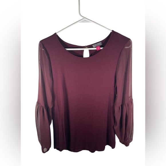 Vince Camuto Tops - Vince Camuto Burgundy Blouse with Sheer Bell Sleeves and Key Hole